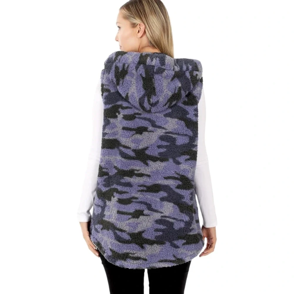 Zenana Sherpa Camouflage Print Zip-Up Hooded Vest with Pockets_5